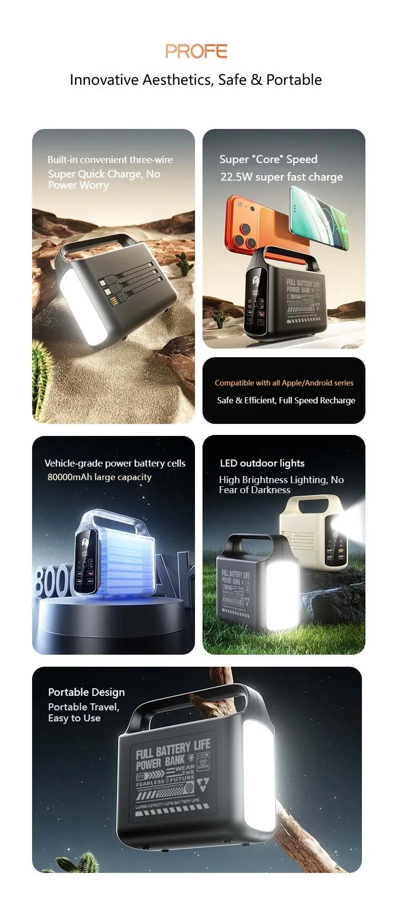 200000mAh Power Bank Large Capacity Portable Outdoor Emergency Power Supply Built-in cable Camping Iight For iPhone Xiaomi