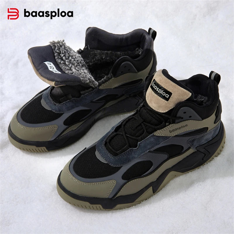 Baasploa Winter Men Shoes Fashion Plush Warm Waterproof Leather Sports Shoes Male Casual Outdoor Non-Slip Lace up Walking Shoes