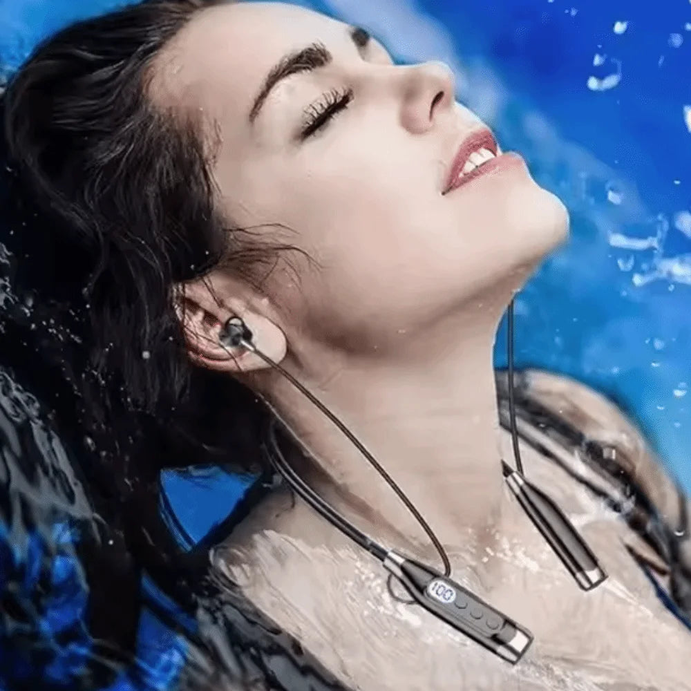 LED Digital Display Neckband Headphones Waterptoof 3D Stereo Wireless Bluetooth Earphones Mega Bass Neck-mounted Sports Headsets
