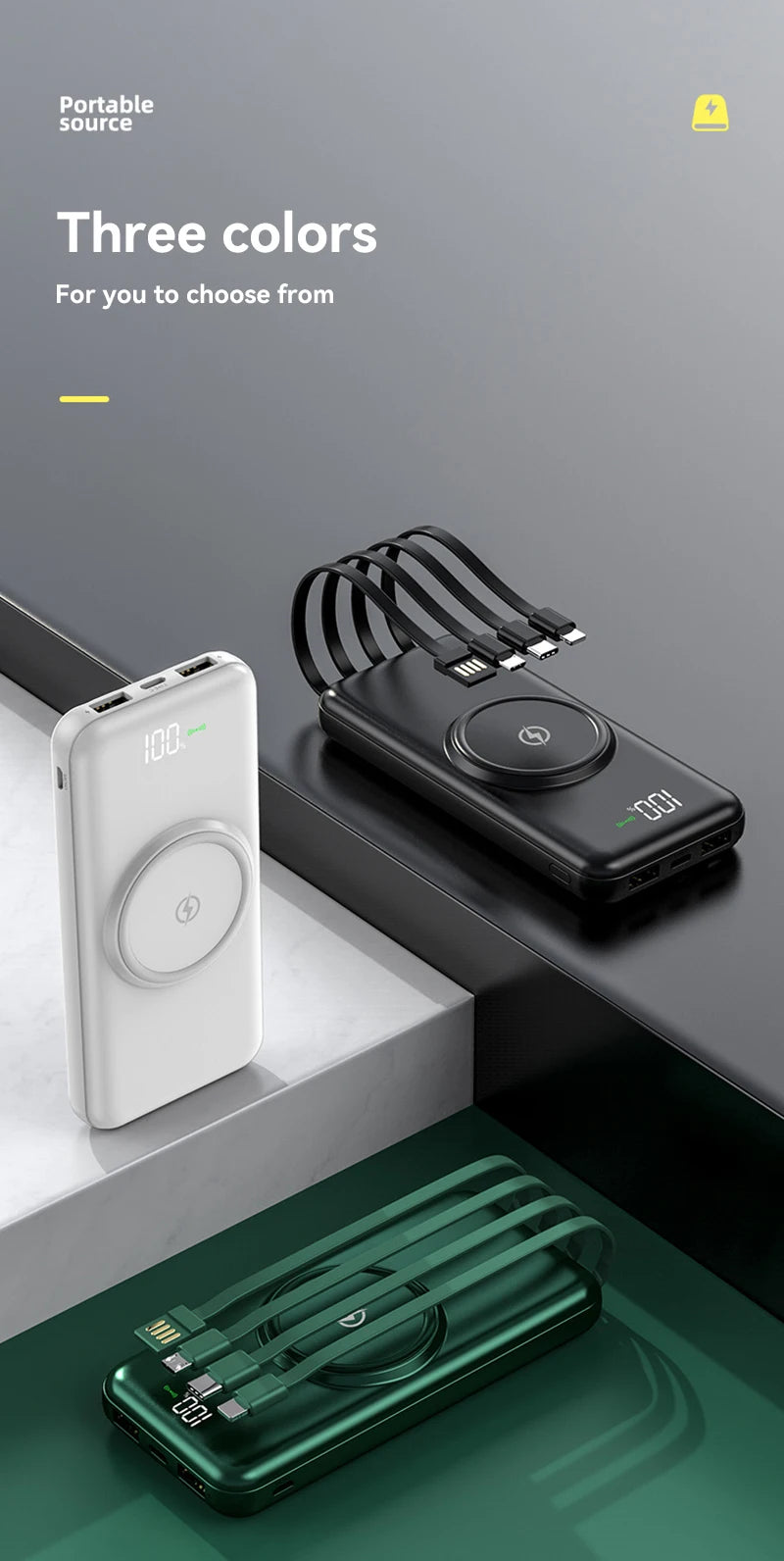 40000mah Wireless Power Bank Large Capacity Portable 5In1 Charge Powerbank Built-in Cables Dual USB External Battery For Xiaomi