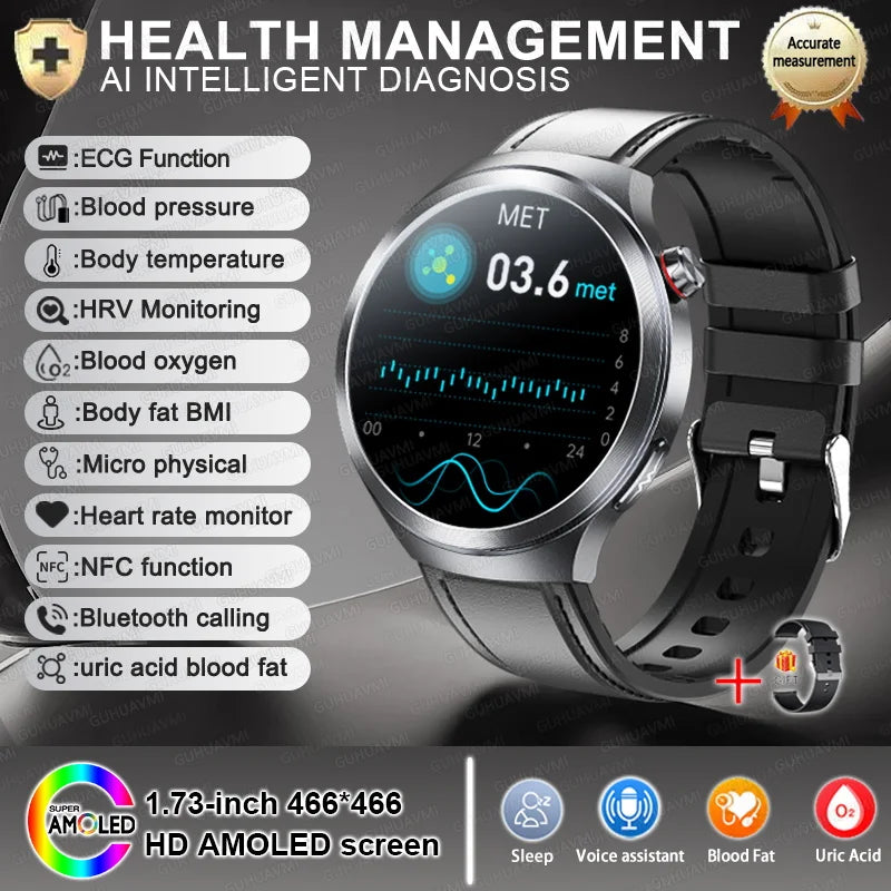 2026 New Sapphire Glass Health Trackr Uric Acid Blood Fat Smart Watch Blood Pressure ECG+PPG Clock Body Analysis Smartwatchs Men