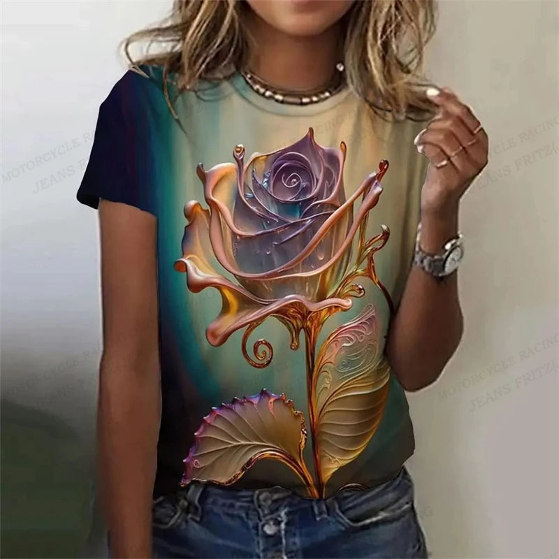 Golden Rose 3d Printed Tshirt Pretty Women's Clothing Female Harajuku Floral Print Tops Tees Ladies O-Neck Short Sleeve T Shirt