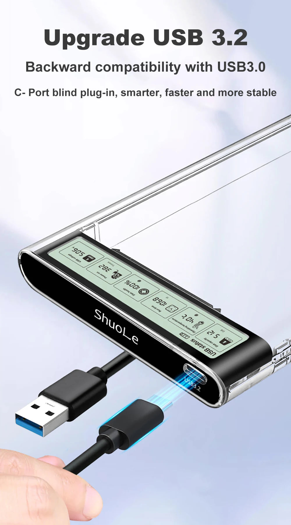 Smart Display HDD Case 2.5 Inch Transparent HDD Enclosure USB3.2 Gen2 External HDD Shell SATA HDD SSD Storage Case for Laptop PC
