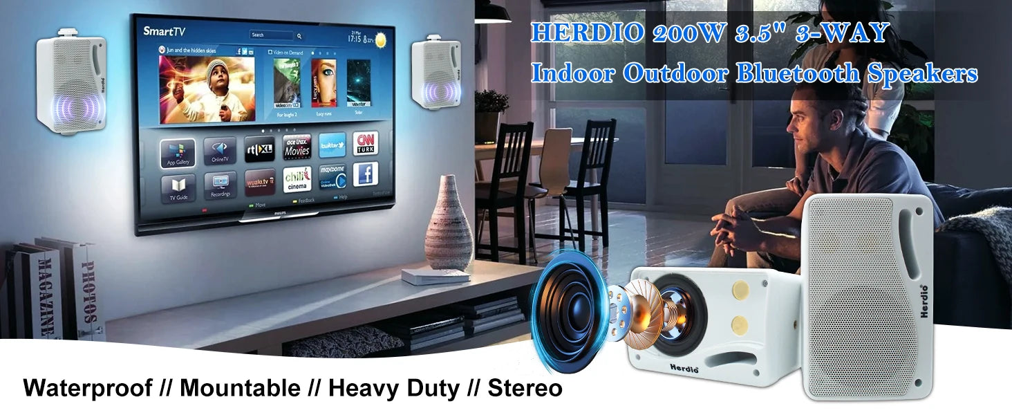 Herdio 3.5" Outdoor Bluetooth Speakers Waterproof 200W 3 Way Upgrade Premium Wall Mount Speakers For Patio Indoor Deck Garage
