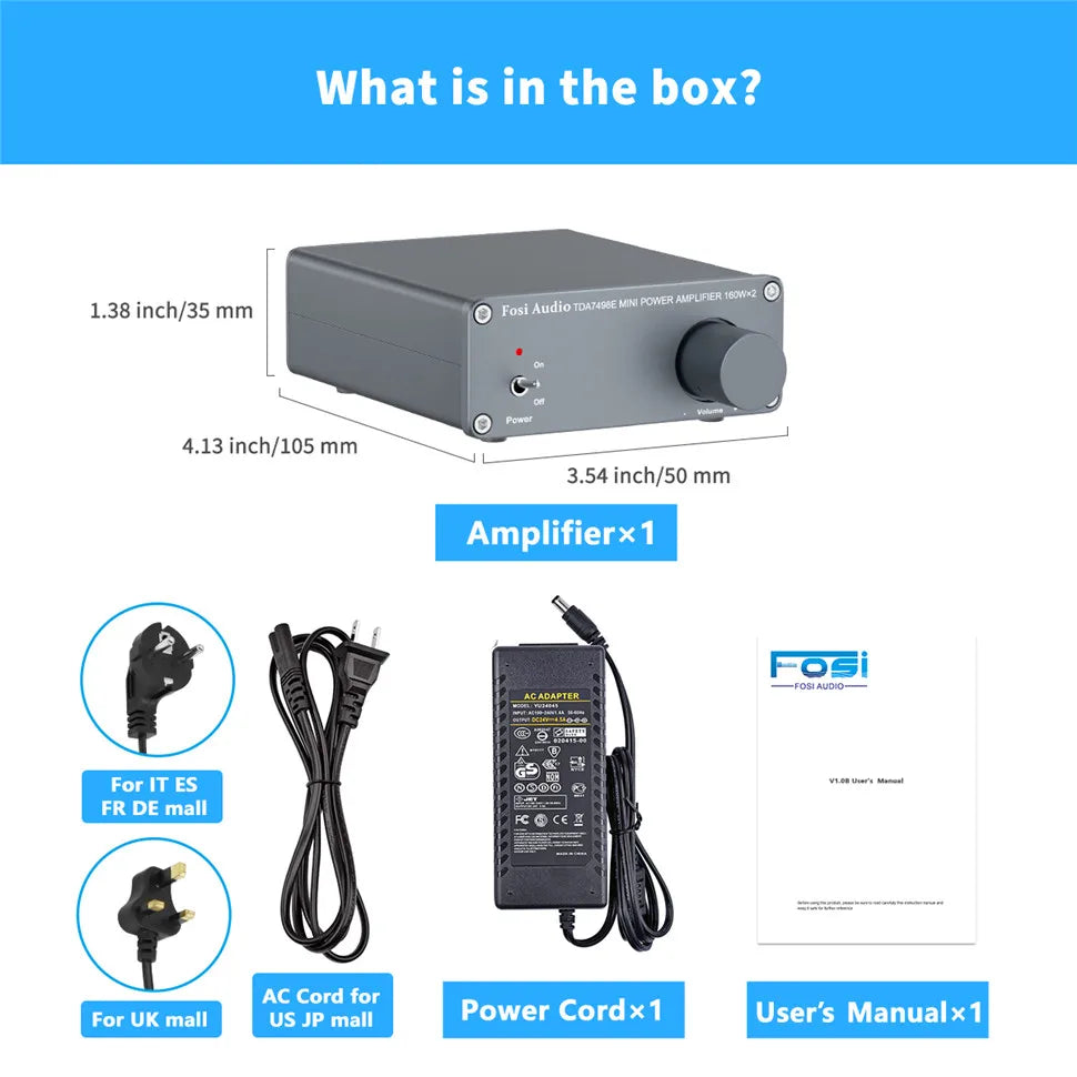 Fosi Audio TDA7498E 2 Channel Sound Power Amplifier Audio Receiver Mini HiFi Amp Home Theater Speakers 160W x 2 amplificador