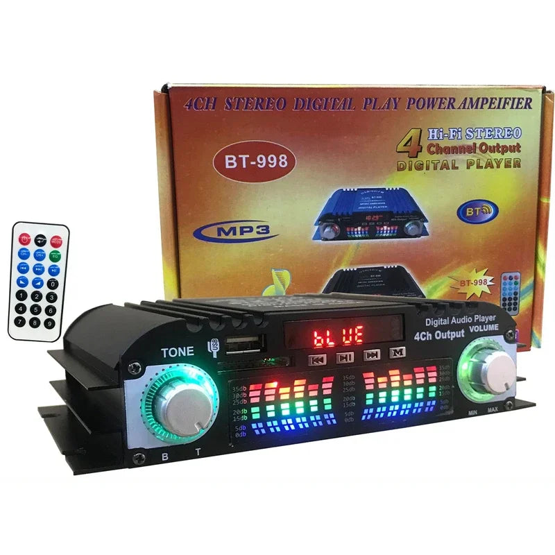 12V/220V Mini Bluetooth HiFi Power Amplifiers Stereo Car Home Audio Digital Sound Amplifier LCD Display FM SD USB Bass