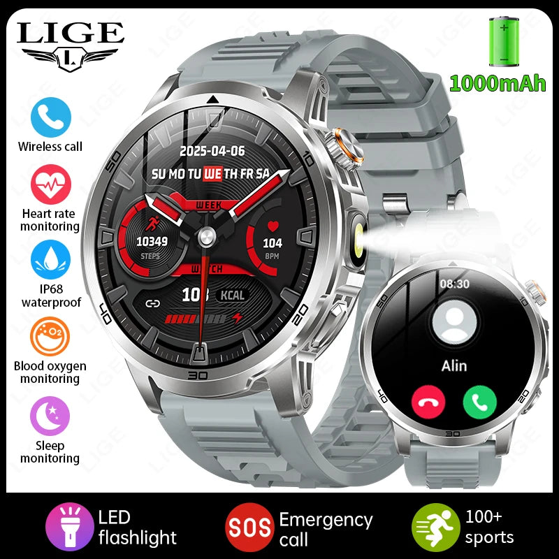 LIGE Military Grade 1000mAh Battery Smart Watch Men Flashlight SOS Red Light Sports Watches Waterproof Bluetooth Call Smartwatch
