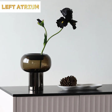 Dark Glass Vase, Iron Frame Cylindrical Base Flowerpot, Living Room Decoration, Creative Hydroponic Vase, Glass Container
