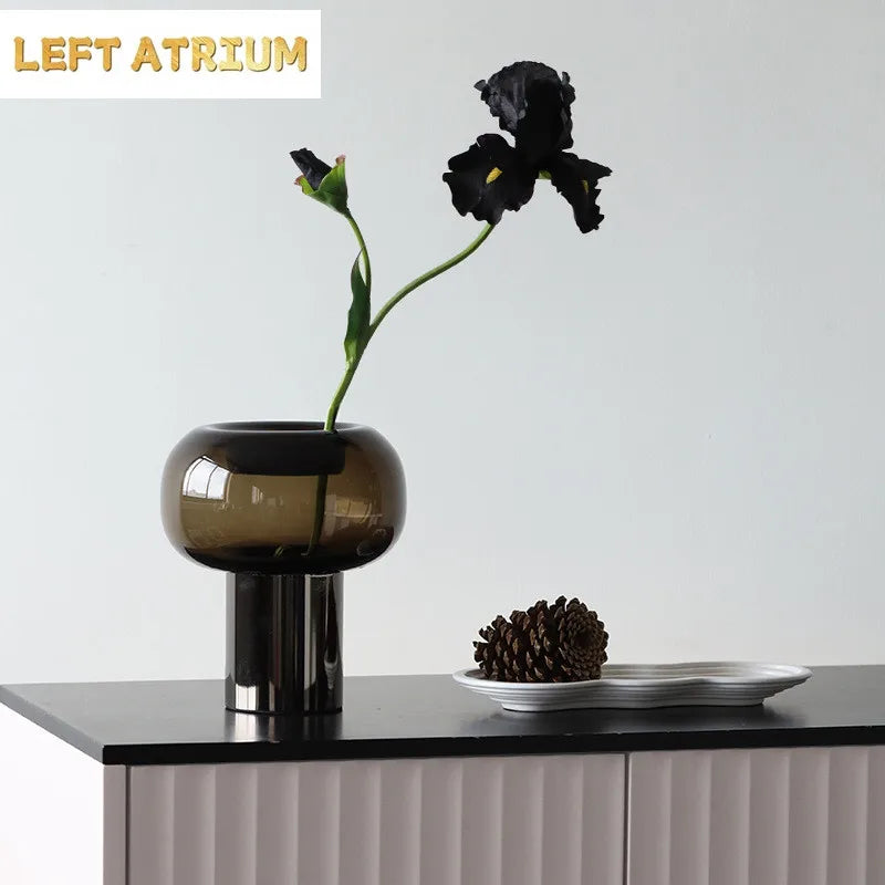 Dark Glass Vase, Iron Frame Cylindrical Base Flowerpot, Living Room Decoration, Creative Hydroponic Vase, Glass Container