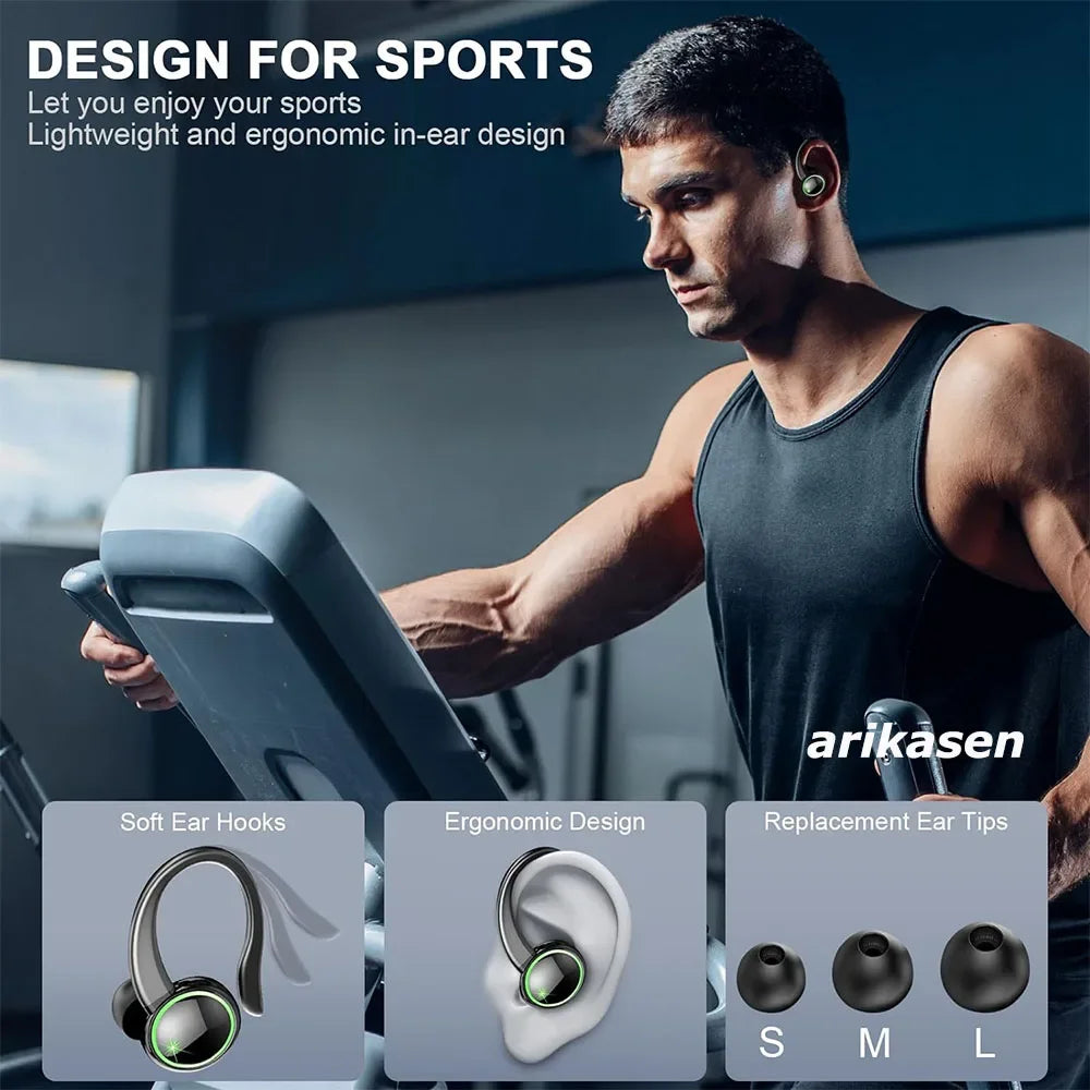 Headphones Bluetooth 5.3 Wireless Bass Stereo Over Ear Earbuds ENC Noise Cancelling Mic with Earhooks 48H Playback LED Display