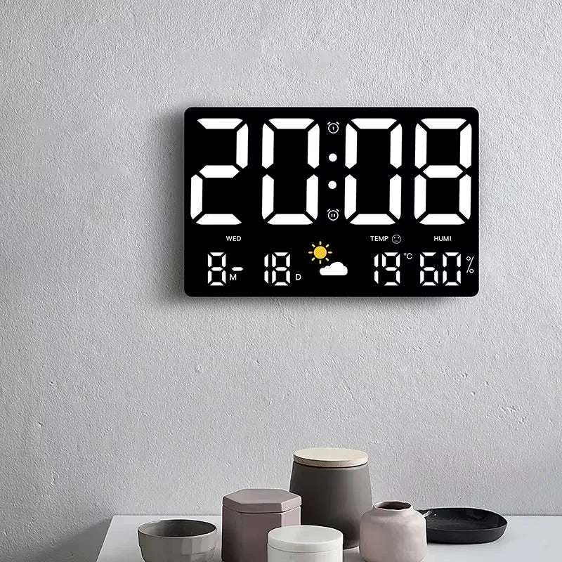 Smart Mute LED Wall Clock with Large Screen Temperature and Humidity Display Weather Clock Multifunctional Digital Color Alarm