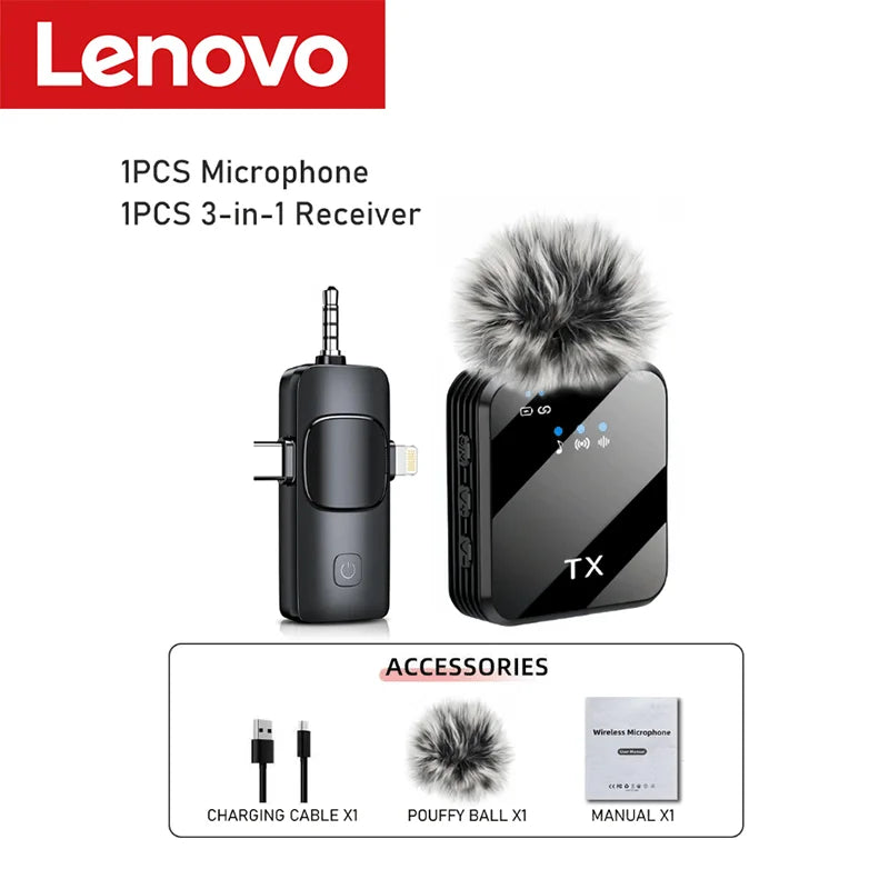 Lenovo Wireless Lavalier Microphone for iPhone Android Microphone Reverb Sound Video Recording Podcast Noise Reduction Clip mic