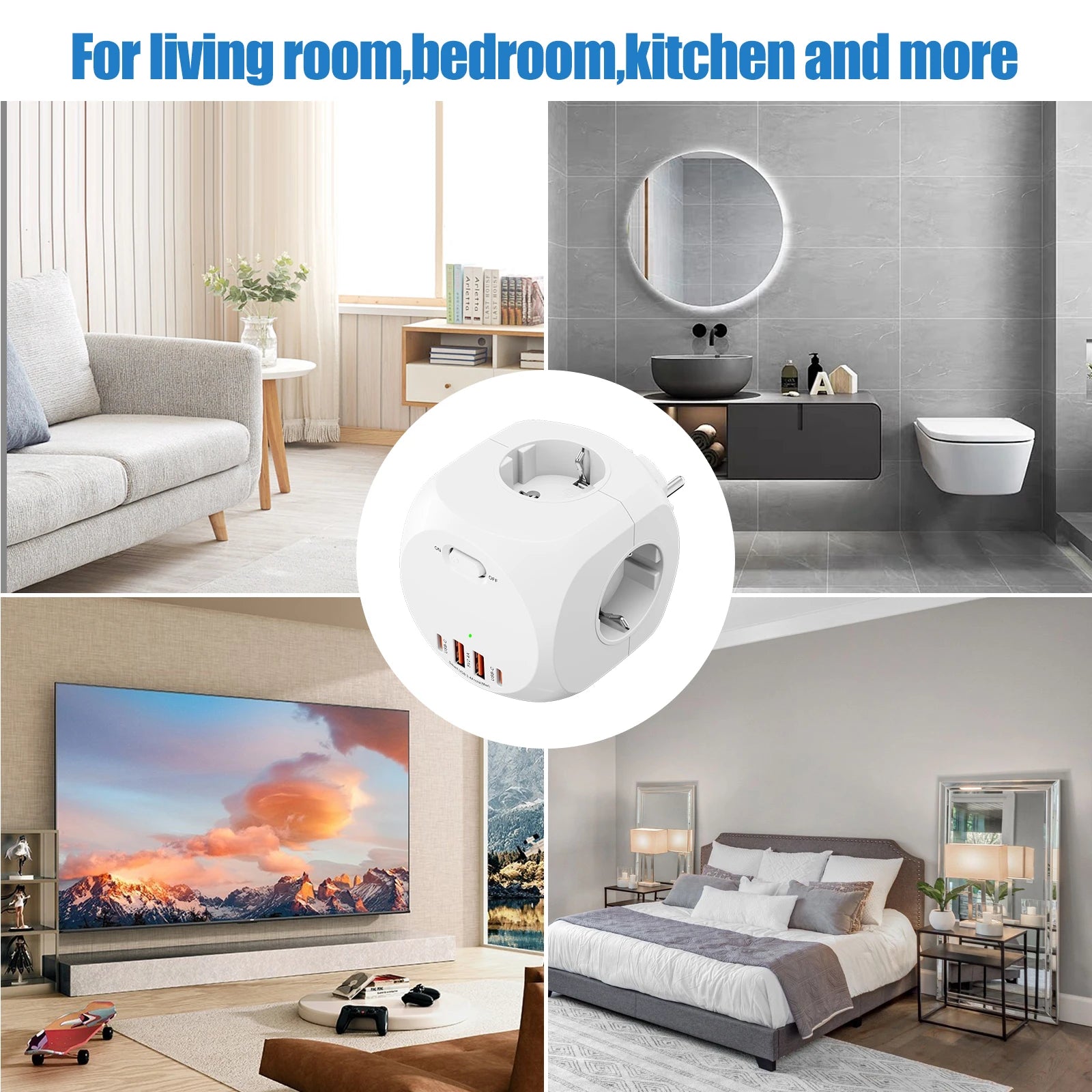 Eu plug multi-functional wall socket 4AC+4USB smart fast charging with multiple safety protections, suitable for family travel