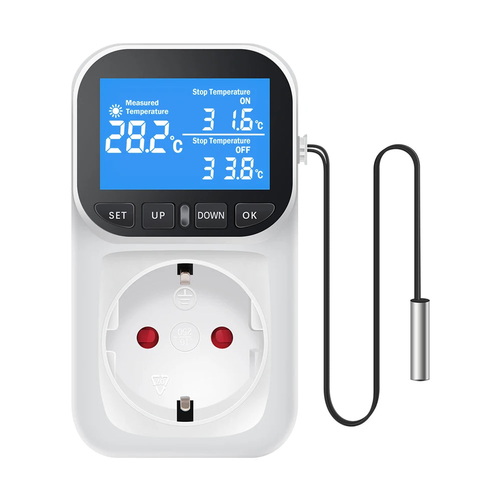 16A Thermostat Socket Multi-Function Temperature Controller Outlet with Timer Switch Sensor Probe Heating Cooling Switch