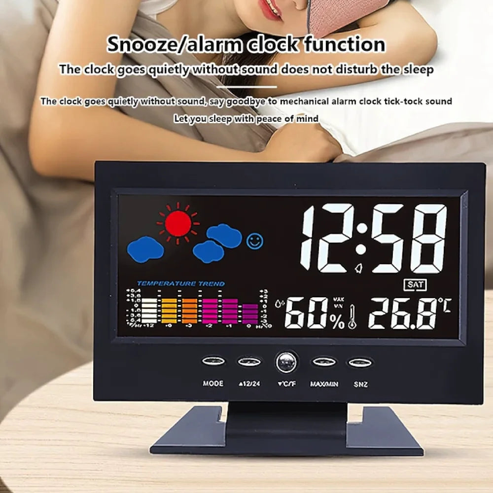 Weather Clock With Time Date Week Temperature Humidity Display Weather Forecast Function With Voice-activated Backlight Function