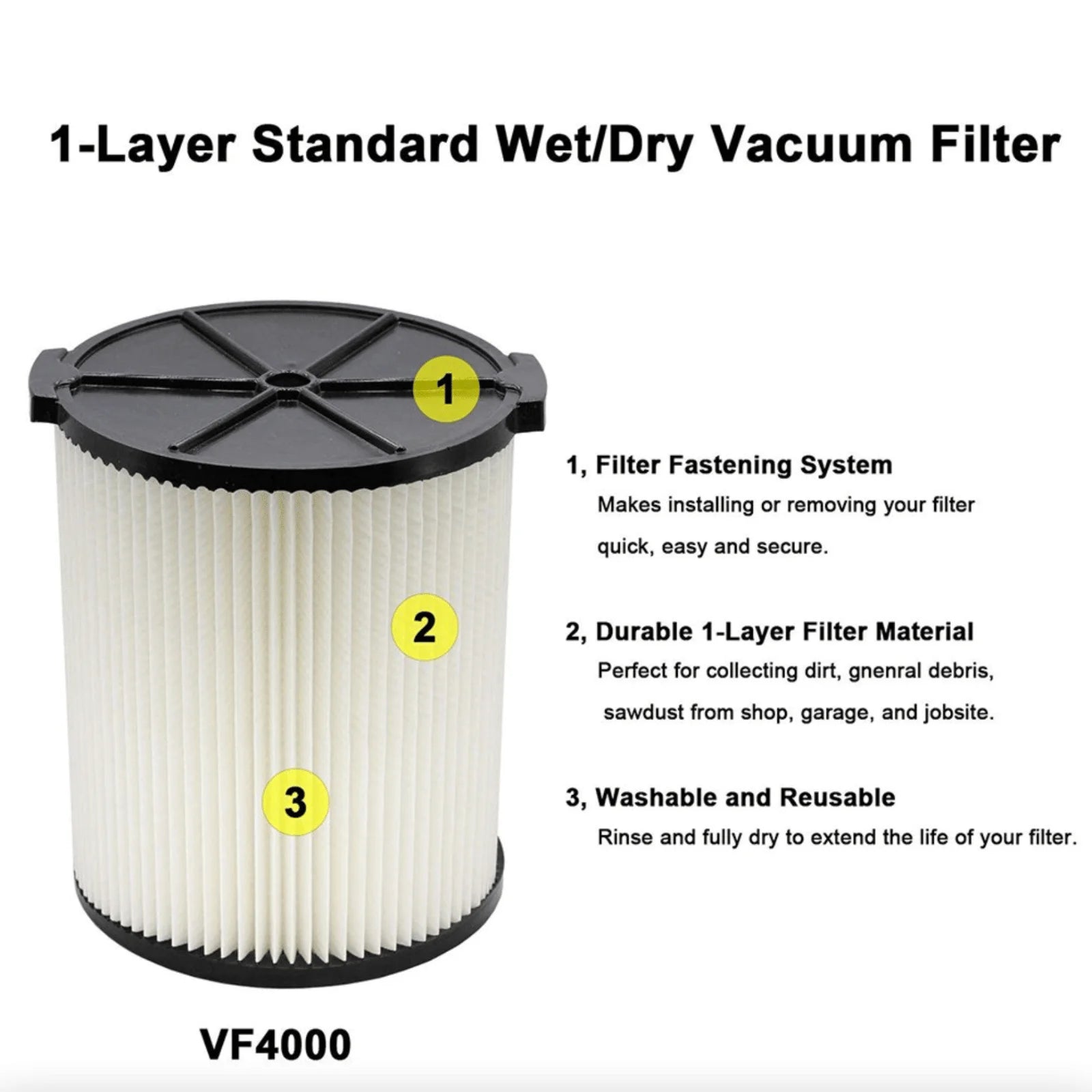 VF4000 Replacement RIDGID Wet/Dry Washable Vacuum Garage Shop Vac Pleated Filter