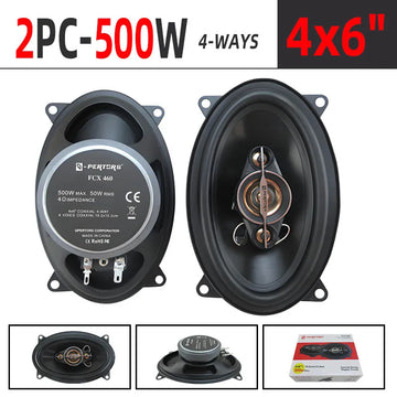 A pair of 4x6-inch coaxial four-way car audio speakers, 500W maximum power, 50W RMS, high-power sound quality, 4 ohm impedance