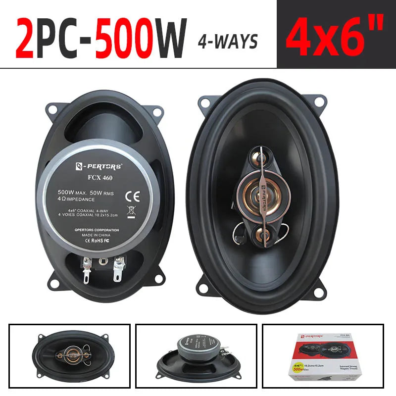 A pair of 4x6-inch coaxial four-way car audio speakers, 500W maximum power, 50W RMS, high-power sound quality, 4 ohm impedance