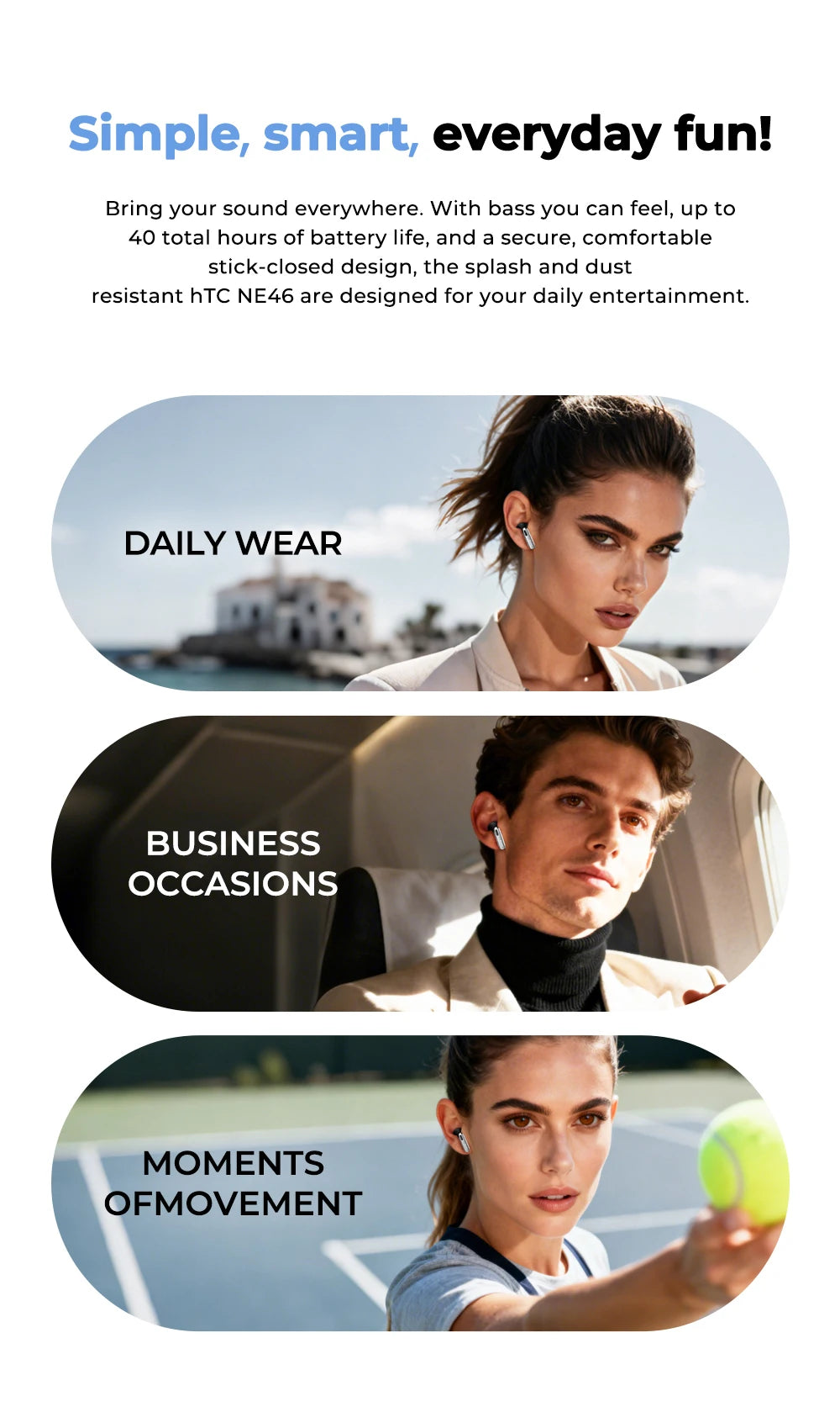 Bluetooth Headphones HTC Wireless Earphones Full HD LCD Display Earpiece Noise Canceling Earbuds Comfortable for Music Sport