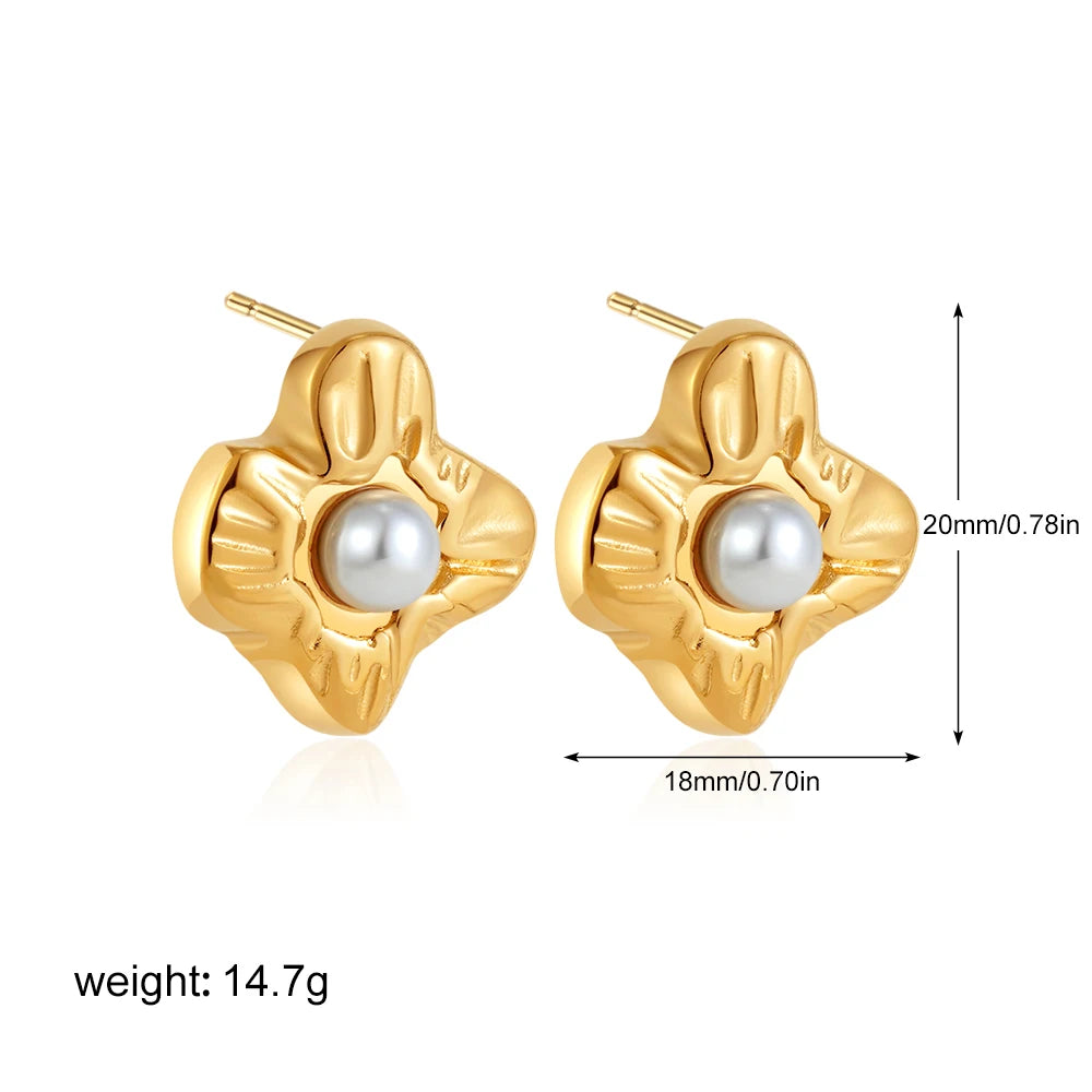 Fashion Stainless Steel Pearl Earrings for Women Texture Geometric Irregular Round Metal Stud Earring Trendy Jewelry Gift