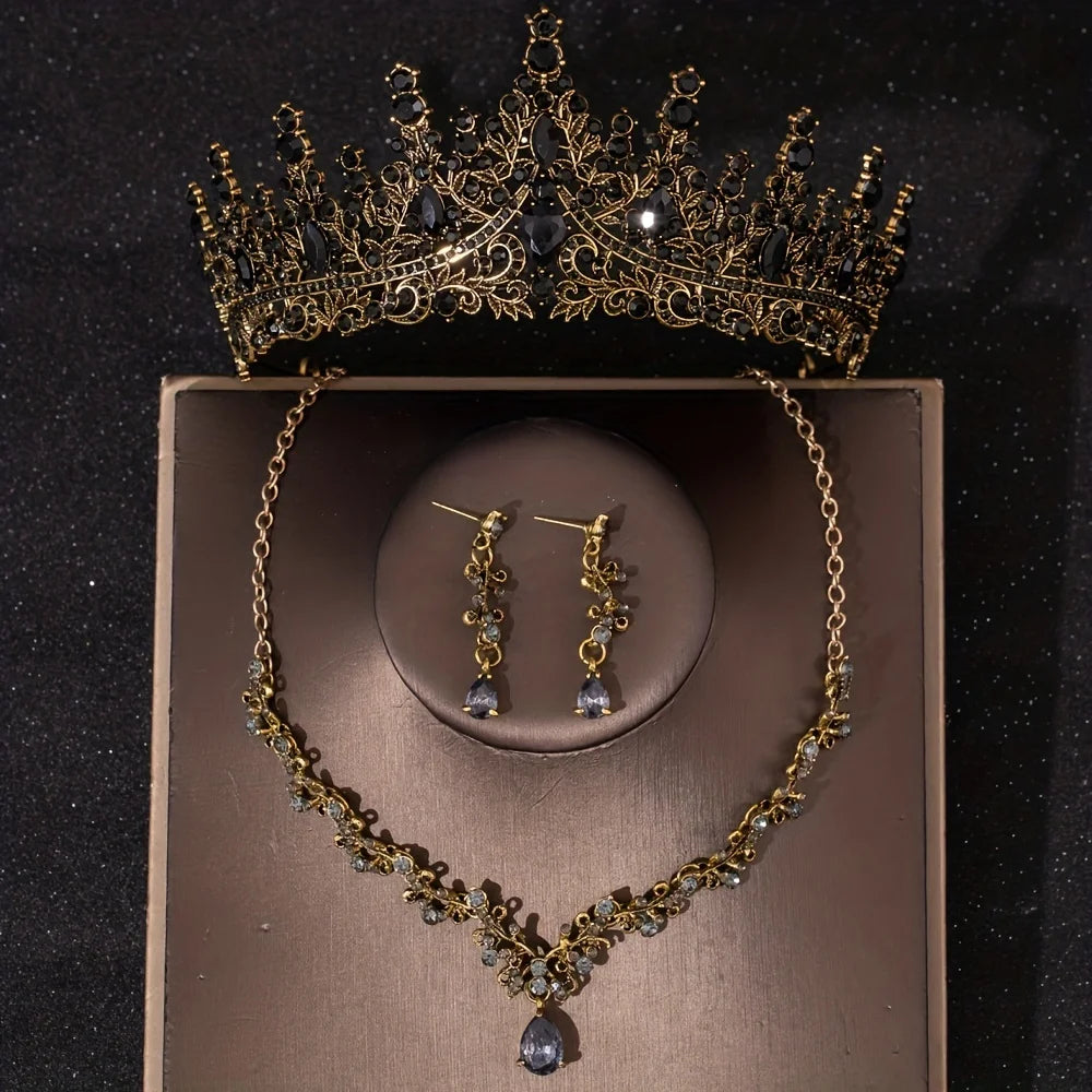 Bridal Headwear Luxury Silver-Color Crystal Water Drop Rhinestone Tiara Necklace Earrings Wedding 4 Pcs Jewelry Set
