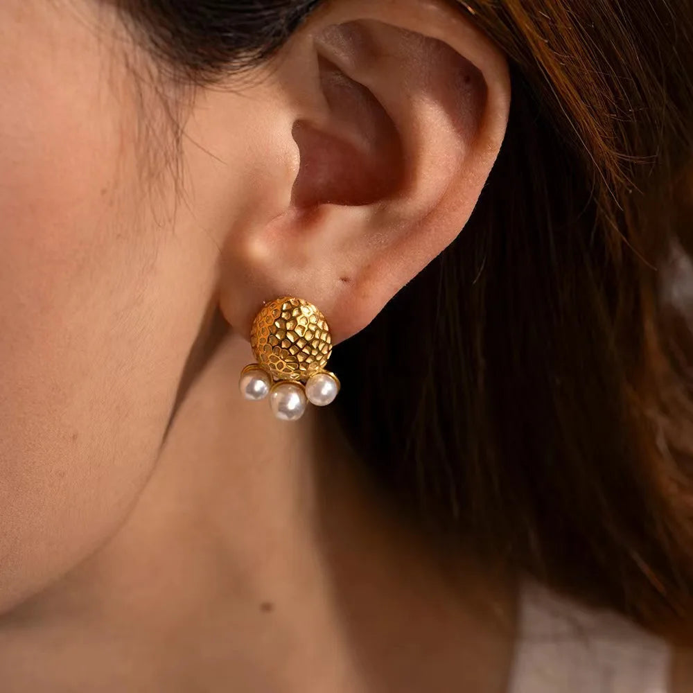 Fashion Stainless Steel Pearl Earrings for Women Texture Geometric Irregular Round Metal Stud Earring Trendy Jewelry Gift
