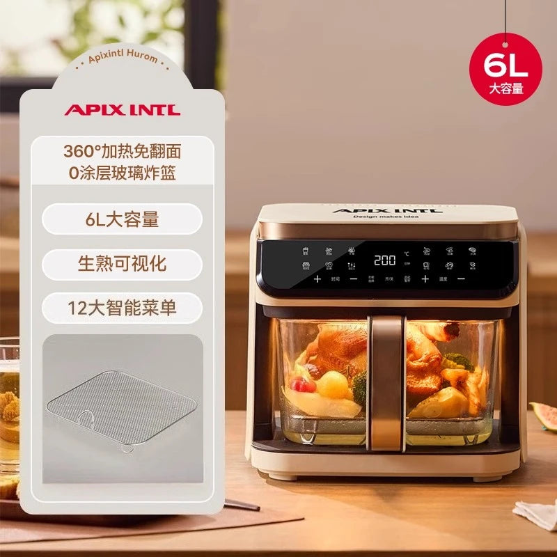 6L air fryer transparent visual household no-turn-over high boron glass liner water tender baking machine