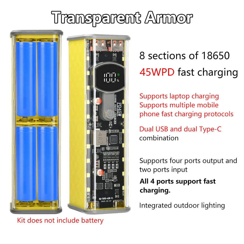 8*18650 Power Bank Battery Case 22.5W PD 45W Fast Charging Battery Storage Box Welding Free USB+Type-C Port