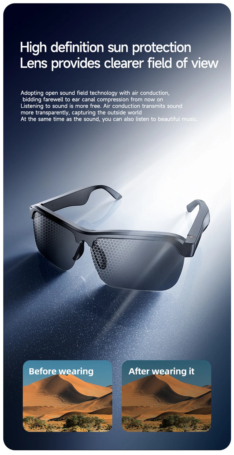 AI HD Smart Glasses Bluetooth Music Glasses Voice Assistant Calling Control Music UV Polarized Multifunctional Sunglasses