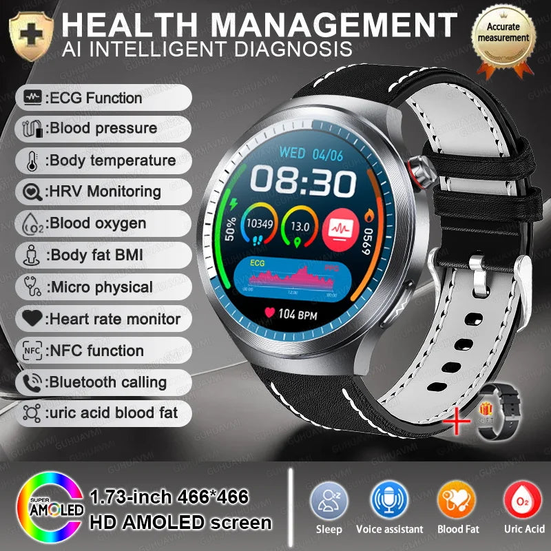 2026 New Sapphire Glass Health Trackr Uric Acid Blood Fat Smart Watch Blood Pressure ECG+PPG Clock Body Analysis Smartwatchs Men