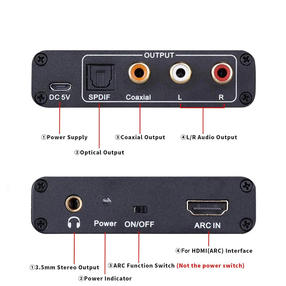 4K HDMI ARC Audio Extractor ARC To SPDIF Coaxial L/R Stereo 3.5mm Jack Audio Adapter Return Channel Converter for HDTV Amplifier