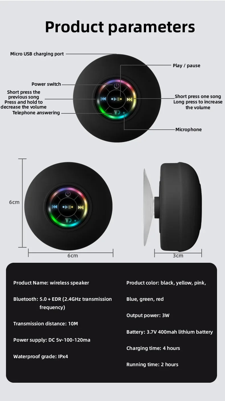New Bathroom Waterproof Wireless LED Bluetooth Speaker Large Suction Cup Mini Portable Speaker Outdoor Sports Stereo Speaker