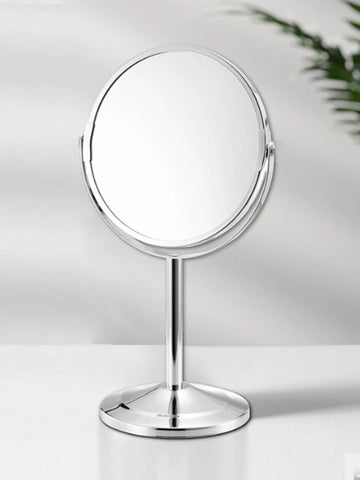 1pc Large Silver Makeup Mirror, Clear Double Sided Tabletop Beauty Mirror, Metal Silver Magnifying Cosmetic Mirror, 360° Rotatio