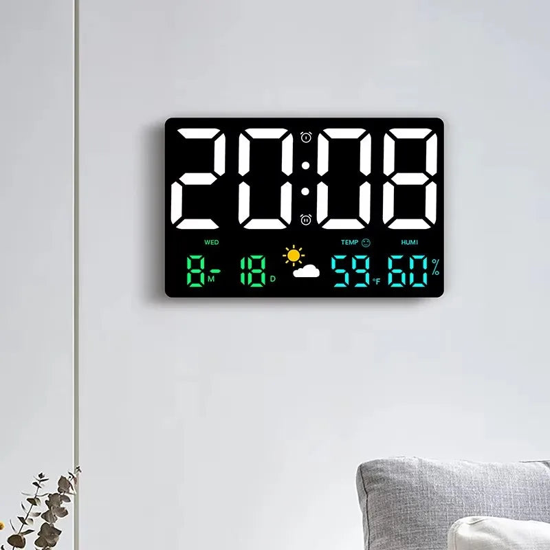 Smart Mute LED Wall Clock with Large Screen Temperature and Humidity Display Weather Clock Multifunctional Digital Color Alarm