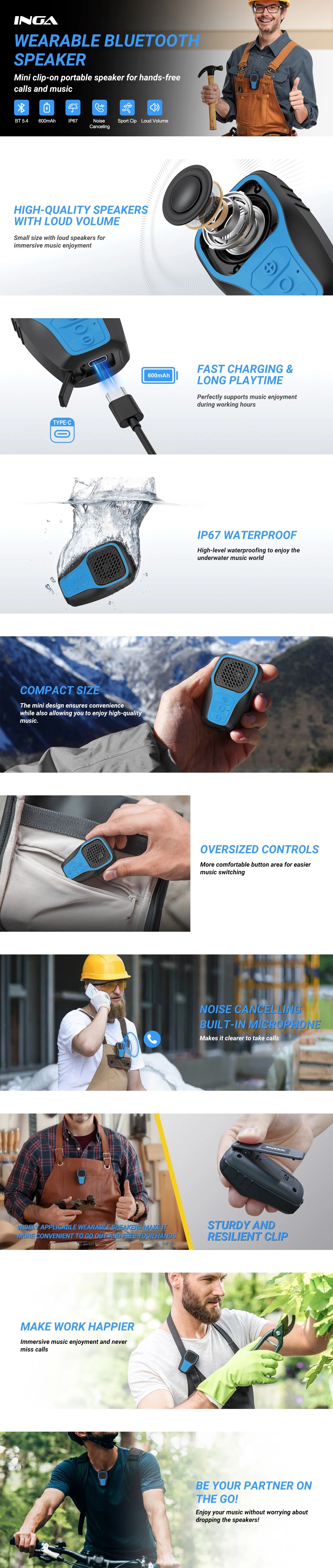Wearable Mini Clip-on Bluetooth Speaker - Hands-Free Calls, Noise Cancelling Mic, IP67 Waterproof, Gym Ready