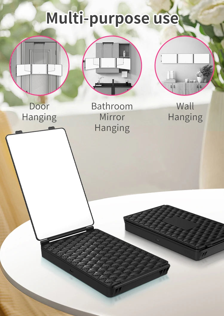 3 Way Haircut Mirror 360 Mirror with LED Lights Door-Hanging Design with Hook Perfect for Makeup Self Hair Cutting Portable Fold