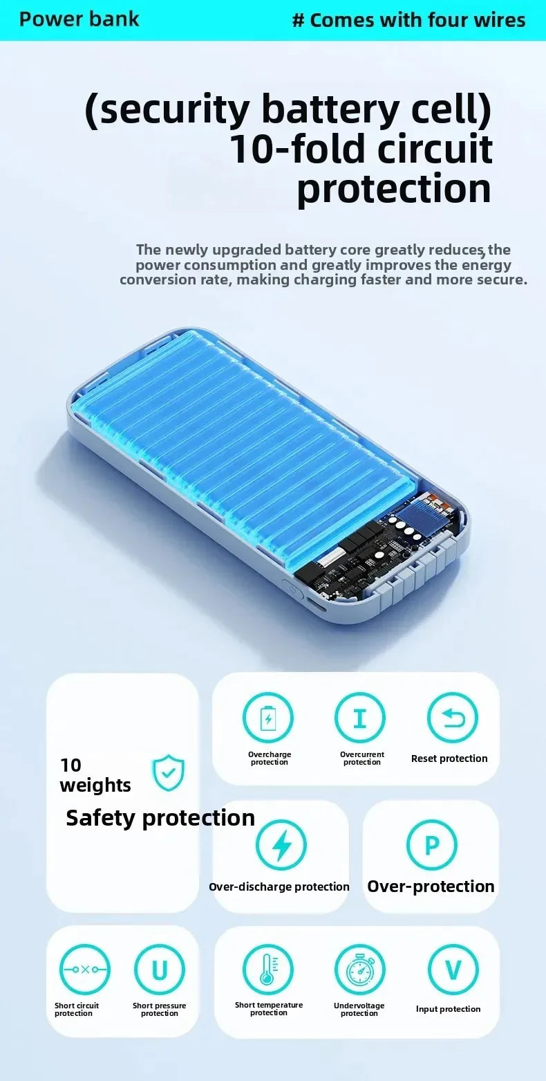 CCC Certified 10000mAh 20000mAh Power Bank Built in Type C Cable Ultra Thin Digital Display Portable External Battery Powerbank