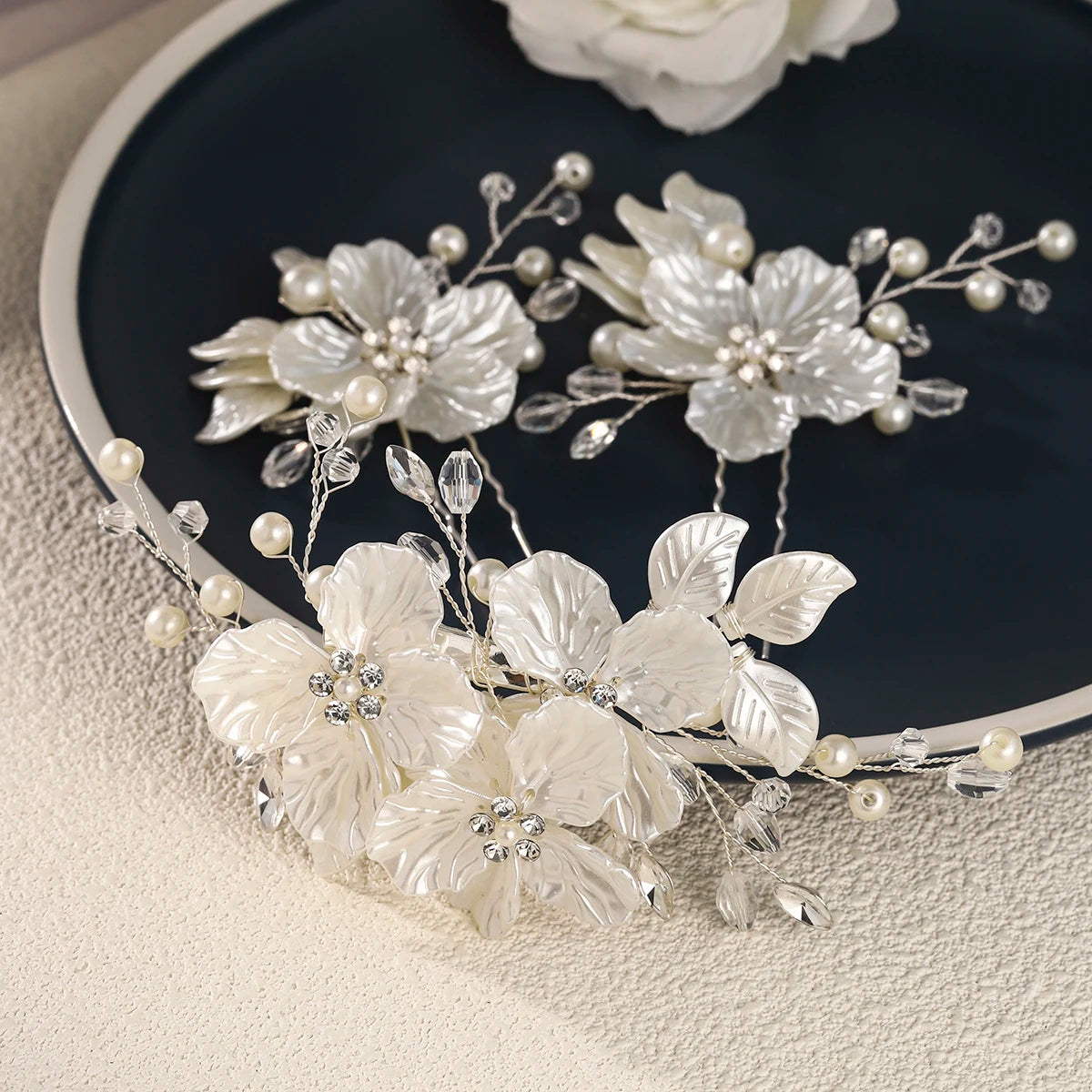 3pc Luxury Acrylic Flower Hair Clip & Pin Set Bridal Wedding Exquisite Jewelry Hair Accessories Handmade Pearl HairClip For Girl