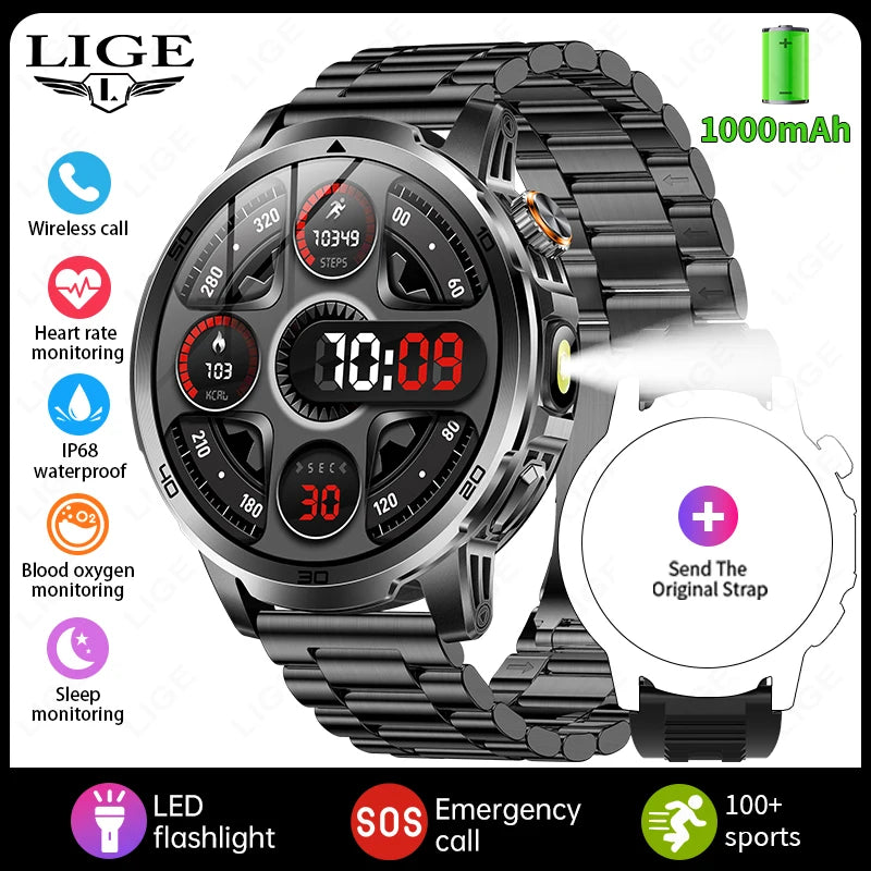 LIGE Military Grade 1000mAh Battery Smart Watch Men Flashlight SOS Red Light Sports Watches Waterproof Bluetooth Call Smartwatch