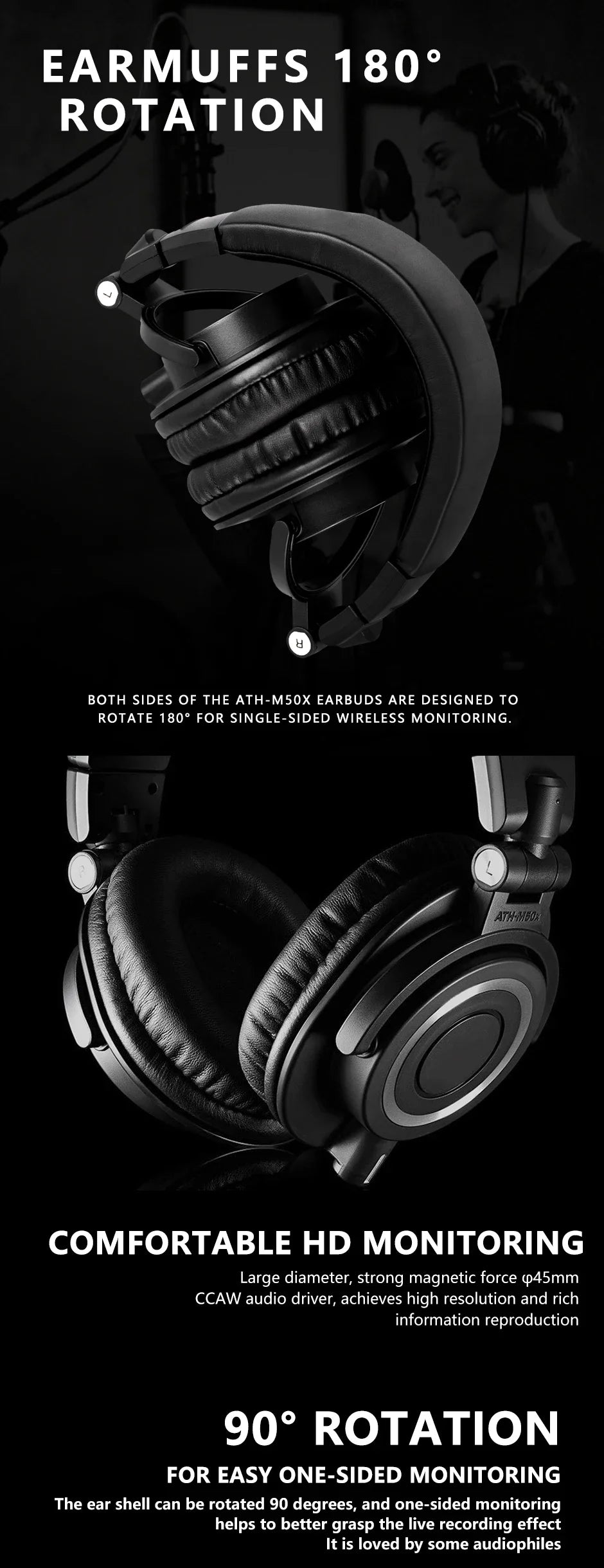 ATH-M50X Closed-Back Studio Monitor Headphones with 45mm Drivers and High-Fidelity Audio for Recording and Mixing Earphone