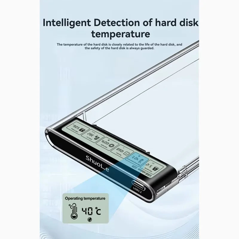 2.5'' HDD SSD Case Smart Display External HDD Enclosure USB3.2 Gen2 Hard Drive Clear Portable Storage Case for Laptop PC