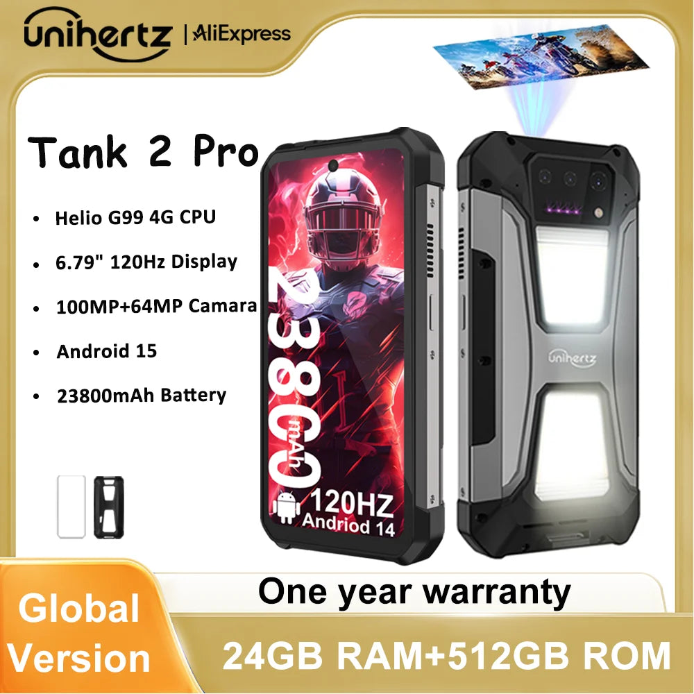 Unihertz Tank 2 PRO 8849 Rugged Smartphone with Projector 2.4K 23800 mAh 24GB+512GB Mobile Phone Android 14 100MP NFC Cell Phone