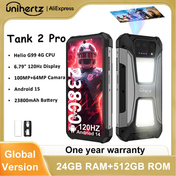 Unihertz Tank 2 PRO 8849 Rugged Smartphone with Projector 2.4K 23800 mAh 24GB+512GB Mobile Phone Android 14 100MP NFC Cell Phone