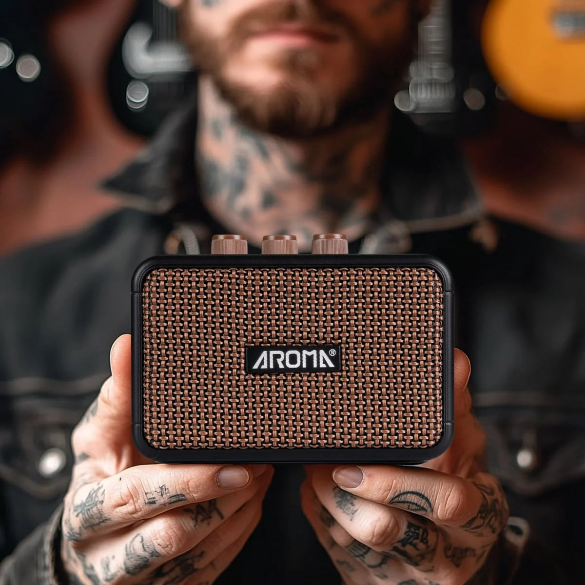 Aroma AG-04 Guitar Amplifier 5W Output Dual Speaker w/BT Wireless /Rechargeable Battery/Headphone Aux Jack Guitar Amp