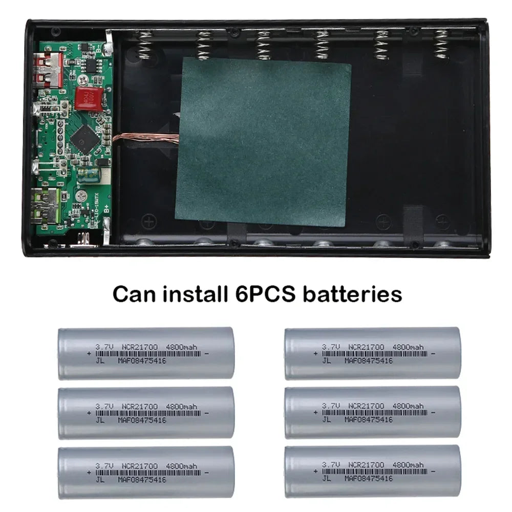 Battery Charger Box Power Bank Holder DIY Shell Case Dual USB 6x21700 With LED Light 21700 Battery Shell Storage Organize
