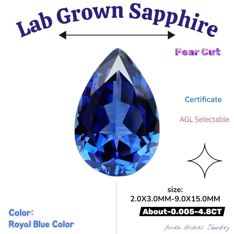 S-S-Lab Grown Sapphire Pear Cut Royal Blue Color  AAA+Clarity Gems for Jewelry Setting&Custom Design Selectable  Certificate