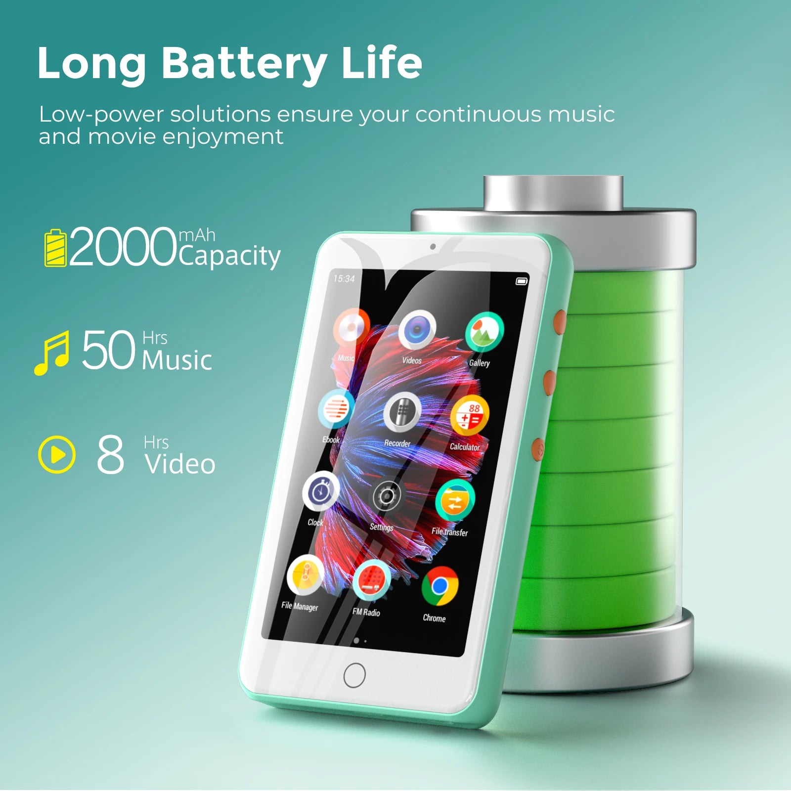 Portable MP4/MP3 player bluetooth speakers & wifi, music player with video, FM radio, eBooks, Recorder, capacity up to 512 GB