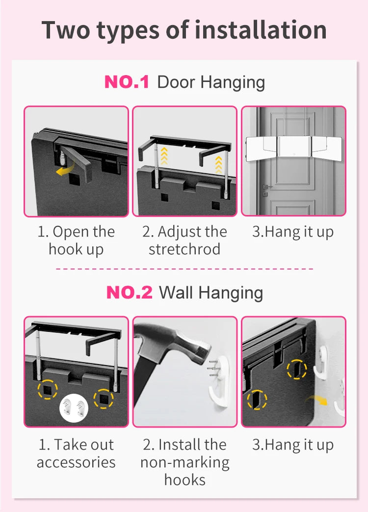 3 Way Haircut Mirror 360 Mirror with LED Lights Door-Hanging Design with Hook Perfect for Makeup Self Hair Cutting Portable Fold