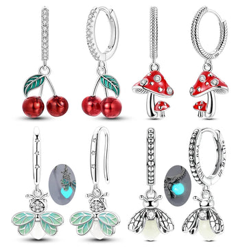 925 Sterling Silver Earrings Mushroom Glowing Firefly Cherry Bee Earring For Women Wedding Engagement Party Fashion Jewelry Gift