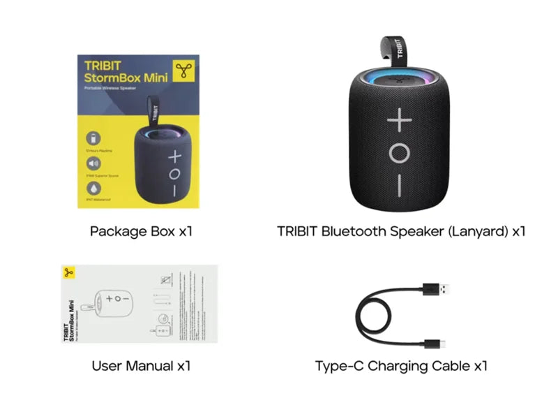 TRIBIT New StormBox Mini+ Portable Bluetooth Speaker,12W Power 360° Sound With XBass, LEDs, APP Control, IPX7 Waterproof Outdoo
